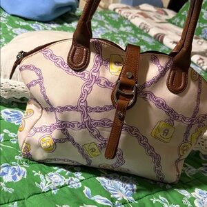 Etienne Aigner Cream and Brown Chain Print Shoulder Bag